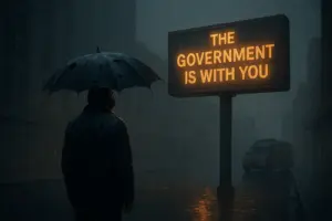 Homem solitário observa um letreiro luminoso em uma cidade escura e abandonada, sob chuva intensa.