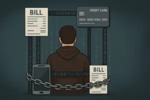 Homem cercado por grades digitais feitas de boletos, cartão de crédito e smartphone.